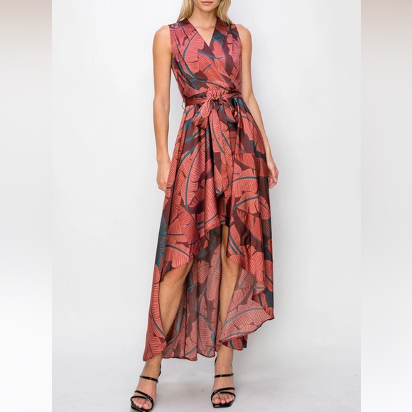 Burgundy Sleeveless Leaf Print Surplice High-Low Maxi Dress - Picture 2 of 6